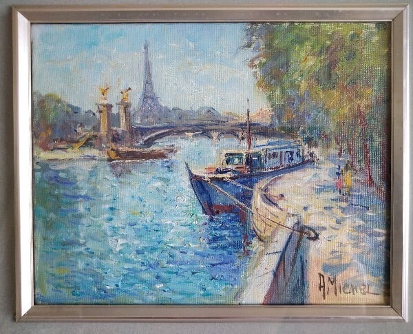 Andre Michel Paris Seine Oil Painting Signed Eiffel Tower French Art Framed (1 of 3)