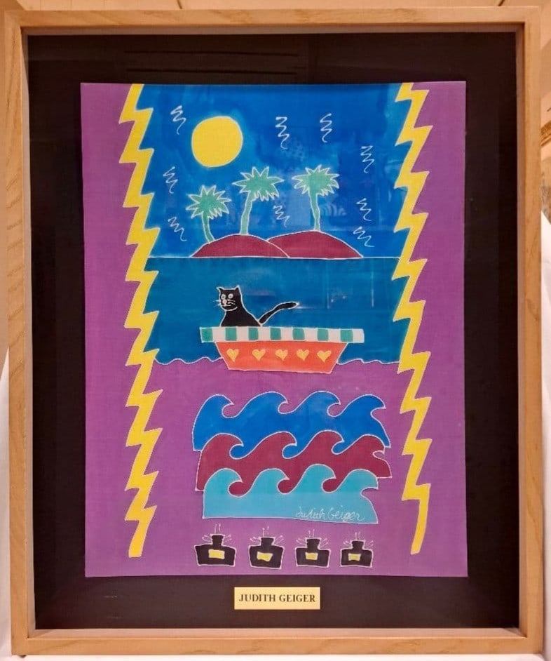 Judith Geiger Catboat Painting Signed Silk Framed Art: Judith Geiger Catboat Painting Signed Silk Framed Art Item Specifics: Artist: Judith Geiger Unit Of Sale: Single Piece Signed By: Judith Geiger Size: Medium Signed: Yes Material: Acrylic Fabric Framin