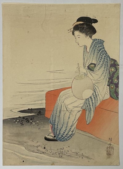 1910 Takeuchi Keishu Woodblock Print Kuchie Frontispiece Bungei Kurabu: 1910 Takeuchi Keishu Woodblock Print Kuchie Frontispiece Bungei Kurabu Item Specifics: Artist: Takeuchi Keishu Subject: Genre Scene / Meiji Life Material: Paper Style: Japanese Size: 30.5 x 22 cm Year