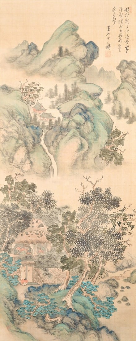 Tanomura Chokunyu Green Cliff Landscape Japanese Antique Hanging Scroll: Tanomura Chokunyu Green Cliff Landscape Japanese Antique Hanging Scroll Item Specifics: Artist: Tanomura Chokunyu Subject: Landscape Material: Ink and color on paper or silk Style: Japanese Year Of Pr