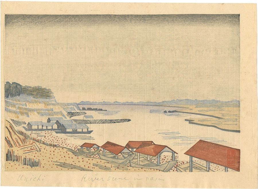 River Scene in Rain Hiratsuka Unichi Signed Japanese Woodblock Print: River Scene in Rain Hiratsuka Unichi Signed Japanese Woodblock Print Item Specifics: Artist: Hiratsuka Unichi Subject: Landscape Material: Paper Style: Japanese Size: 19 x 28.2 cm Product Disclaimer: 