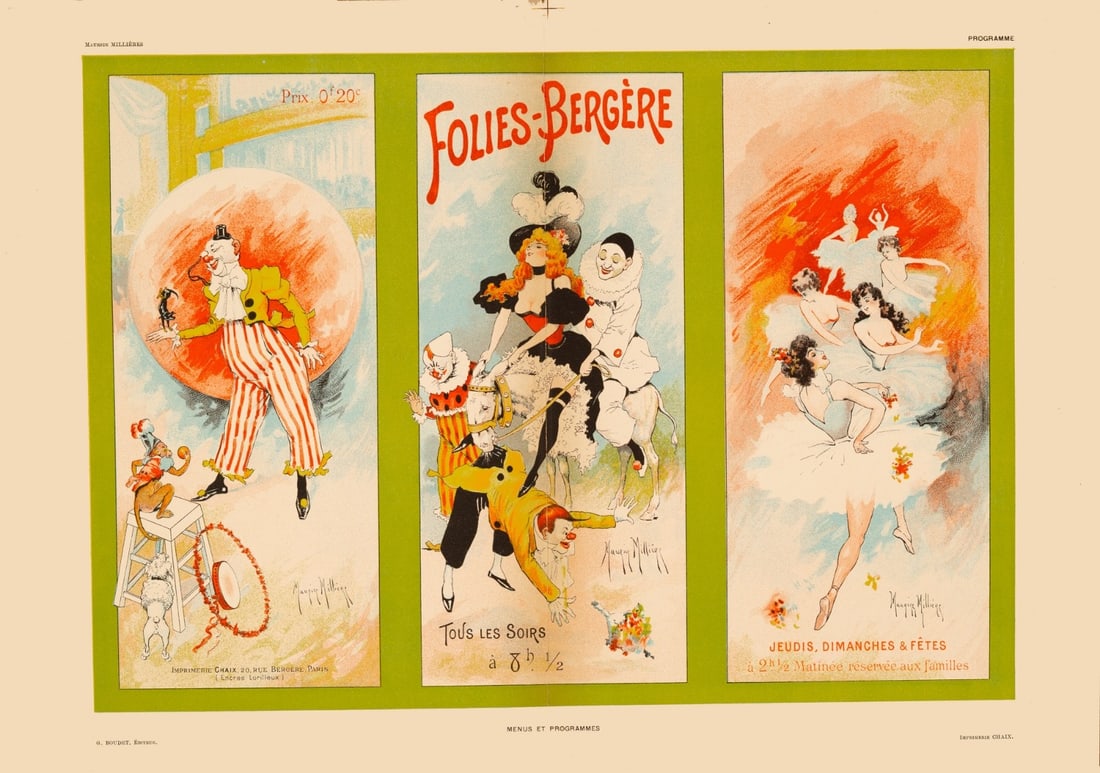 Menu Programmes Folies Bergere Maurice Milliere C1890S Imprimerie Chaix: Menu Programmes Folies Bergere Maurice Milliere C1890S Imprimerie Chaix Item Specifics: Unit Of Sale: Single Piece Artist: JULES CHERET Maurice Millet Size: Small Date Of Creation: 1890's Title: Affic