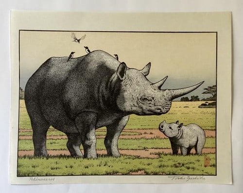 Woodblock Print Rhinoceros Toshi Yoshida Japanese African Posthumous Animal Art (1 of 1)