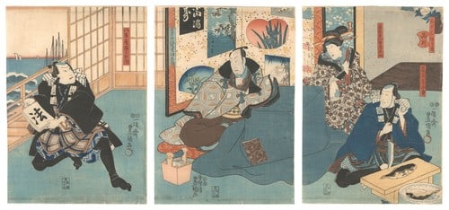 Toyokuni III Woodblock Print Triptych 1852 Tokaido Fifty three Stations: Toyokuni III Woodblock Print Triptych 1852 Tokaido Fifty three Stations Item Specifics: Artist: Toyokuni III Subject: The Fifty-three Stations / Shinagawa Material: Washi Paper Style: Japanese Year Of