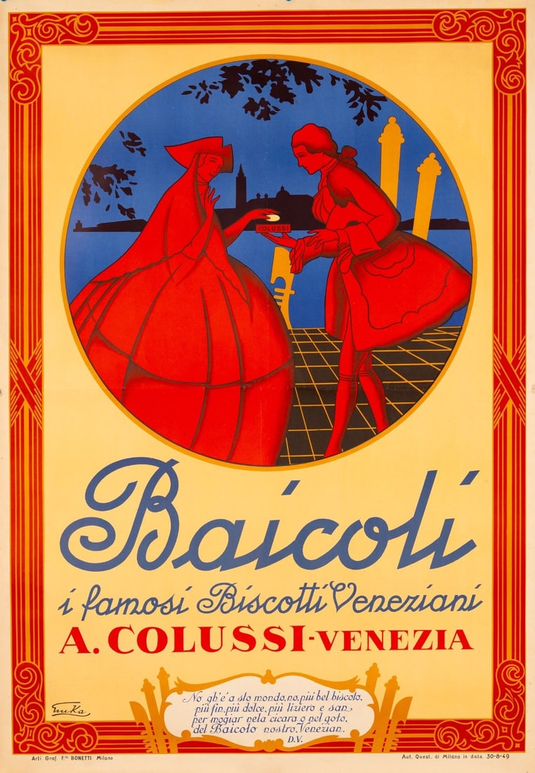 Veneziani Famosi Biscotti Baicoli I Emka: Veneziani Famosi Biscotti Baicoli I Emka Item Specifics: Artist: Emka Size: 27x39 Color: Blue Date Of Creation: 1949 Title: Baicoli Biscotti Material: Canvas Paper Certificate Of Authenticity (Coa): Y