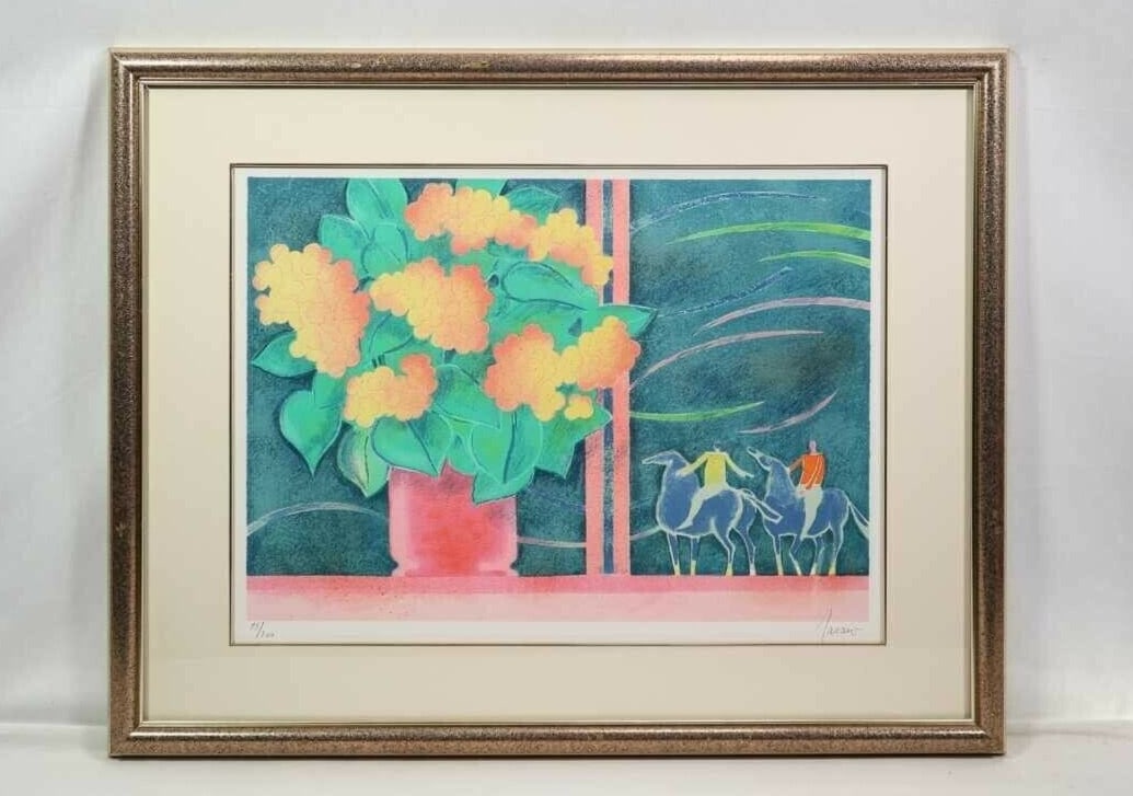 Original Lithograph Still Life Flowers Horse Signed By Albert Zavaro (1 of 9)