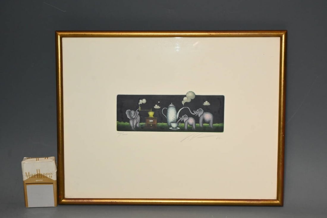 Volker Khn Elephants 1982 Signed Color Etching 224/ 300 German Surreal Humor (1 of 10)