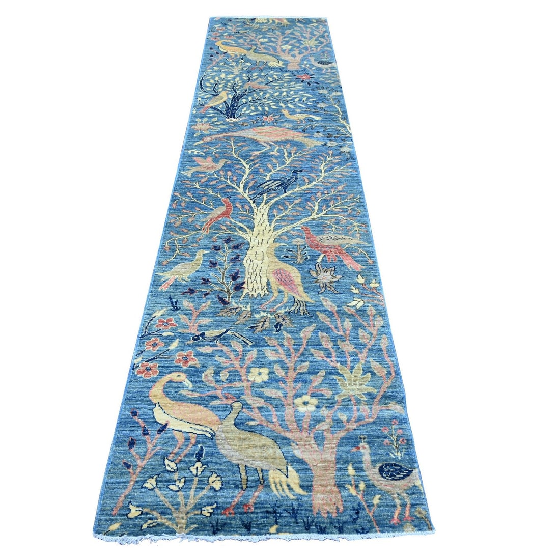 Hand knotted soft wool runner rug 2'8"x11'8" Blue Birds of Paradise Design (1 of 6)