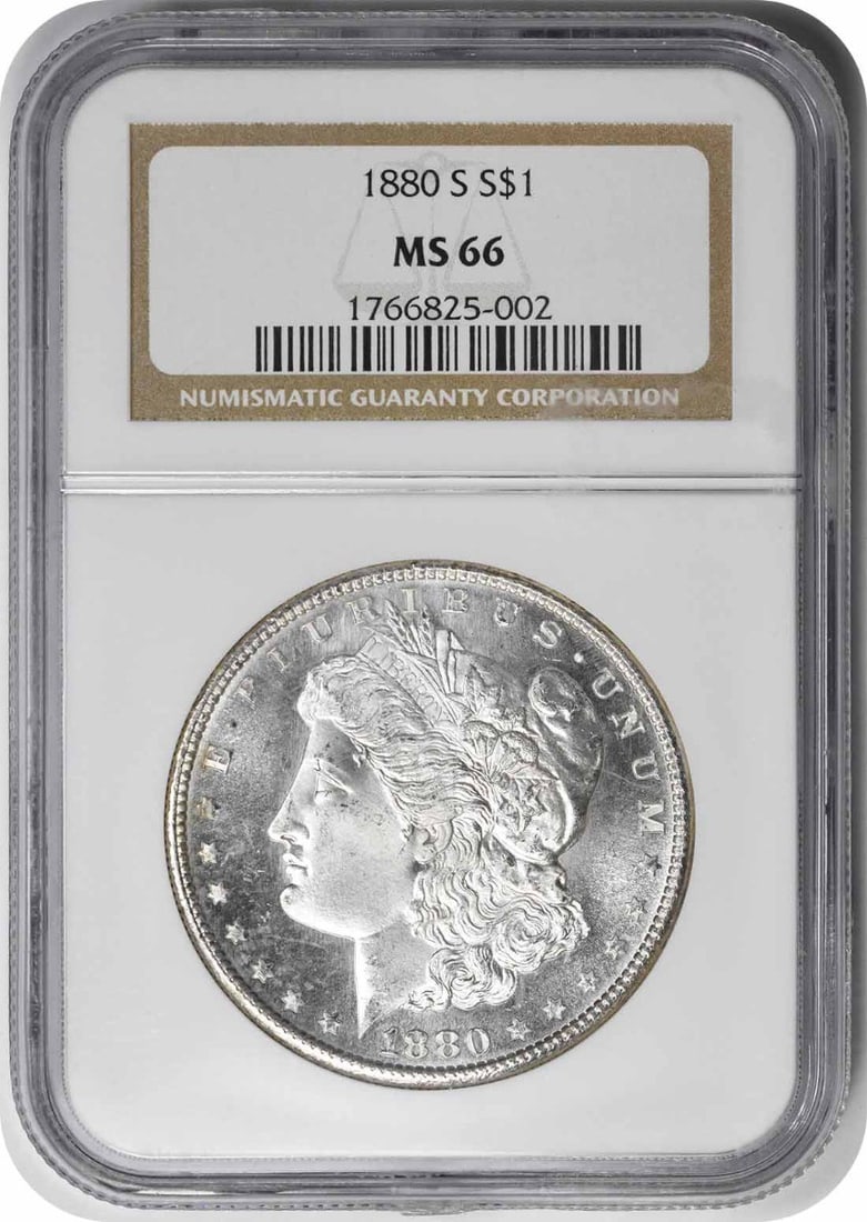 1880-S Morgan Silver Dollar MS66 NGC: 1880-S Morgan Silver Dollar MS66 NGC The 1880-S Morgan Silver Dollar MS66 NGC is a highly detailed and well-preserved coin, certified by the Numismatic Guaranty Corporation (NGC) as Uncirculated and
