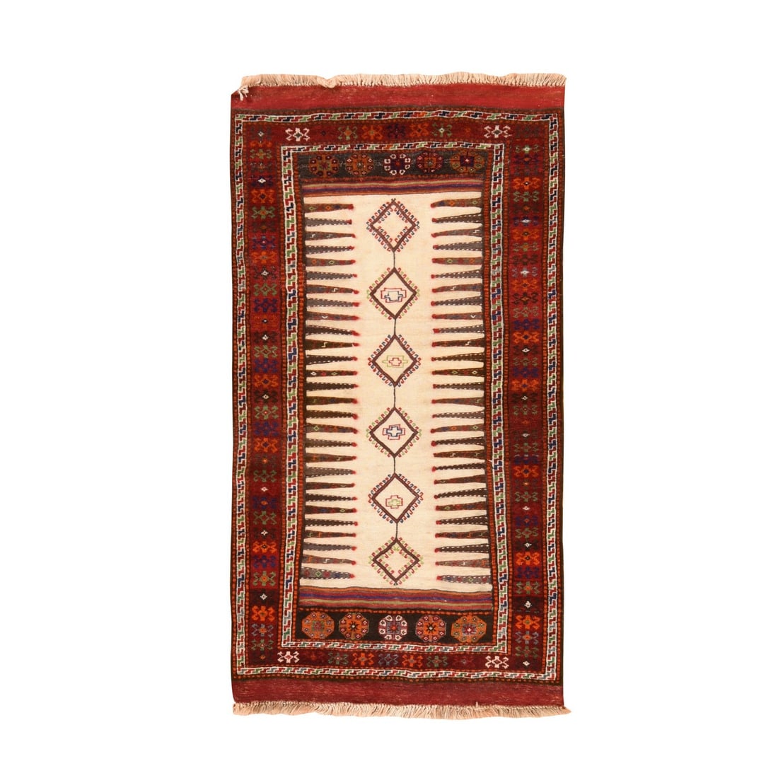 Ivory Vintage Turkmen Flat Weave Wool Runner 3'9"x7'4: Ivory Vintage Turkmen Flat Weave Wool Runner 3'9"x7'4 Turkoman flat weave wool runner, crafted in the 1950s, boasts a timeless ivory color and intricate geometric pattern. Hand-woven from high-quality