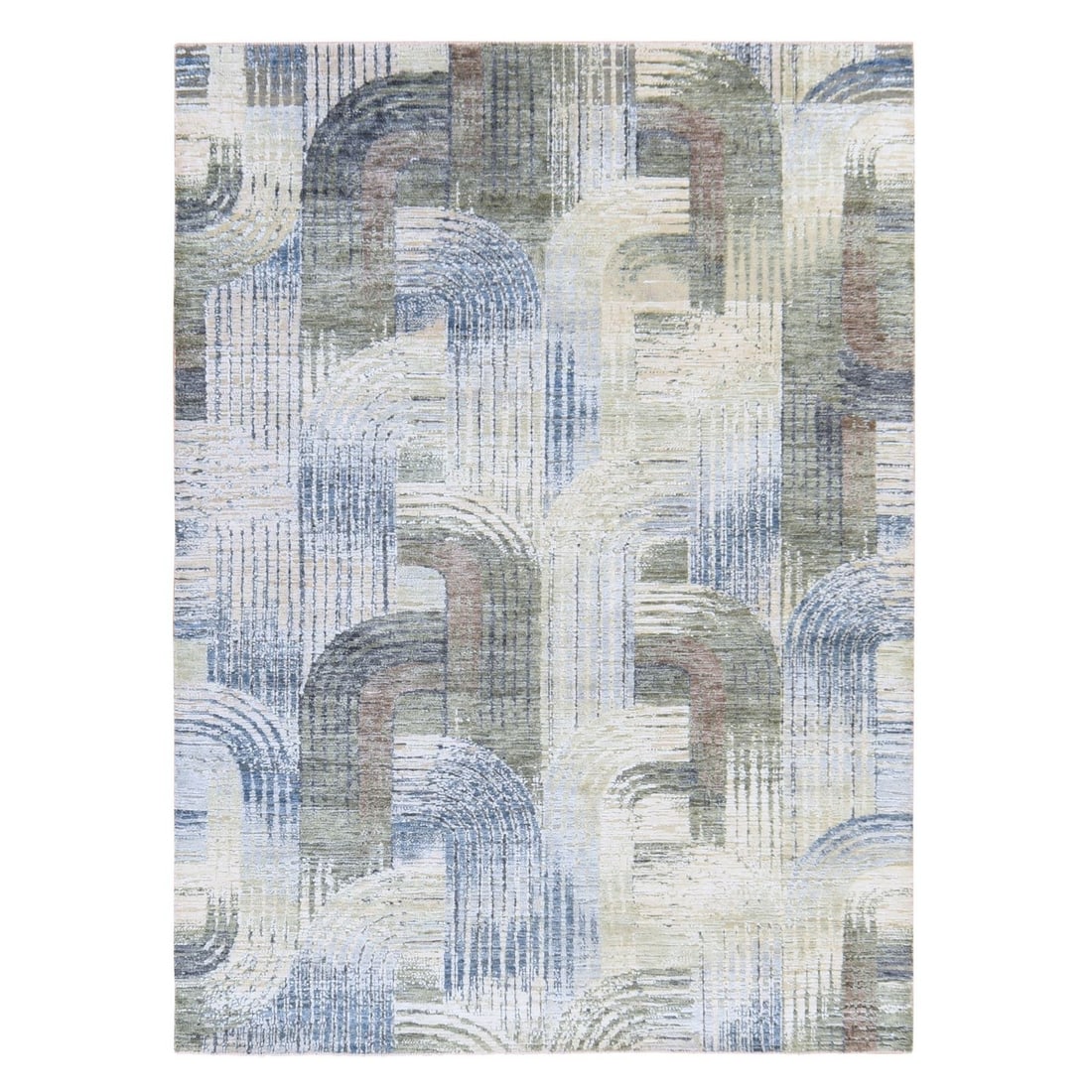 5'1"x7' Ivory THE INTERTWINED PASSAGE Silk with Textured Wool Hand Knotted: 5'1"x7' Ivory THE INTERTWINED PASSAGE Silk with Textured Wool Hand Knotted Textured wool and silk blend creates a visually striking geometric pattern on this hand-knotted 5'1"x7' rectangular field