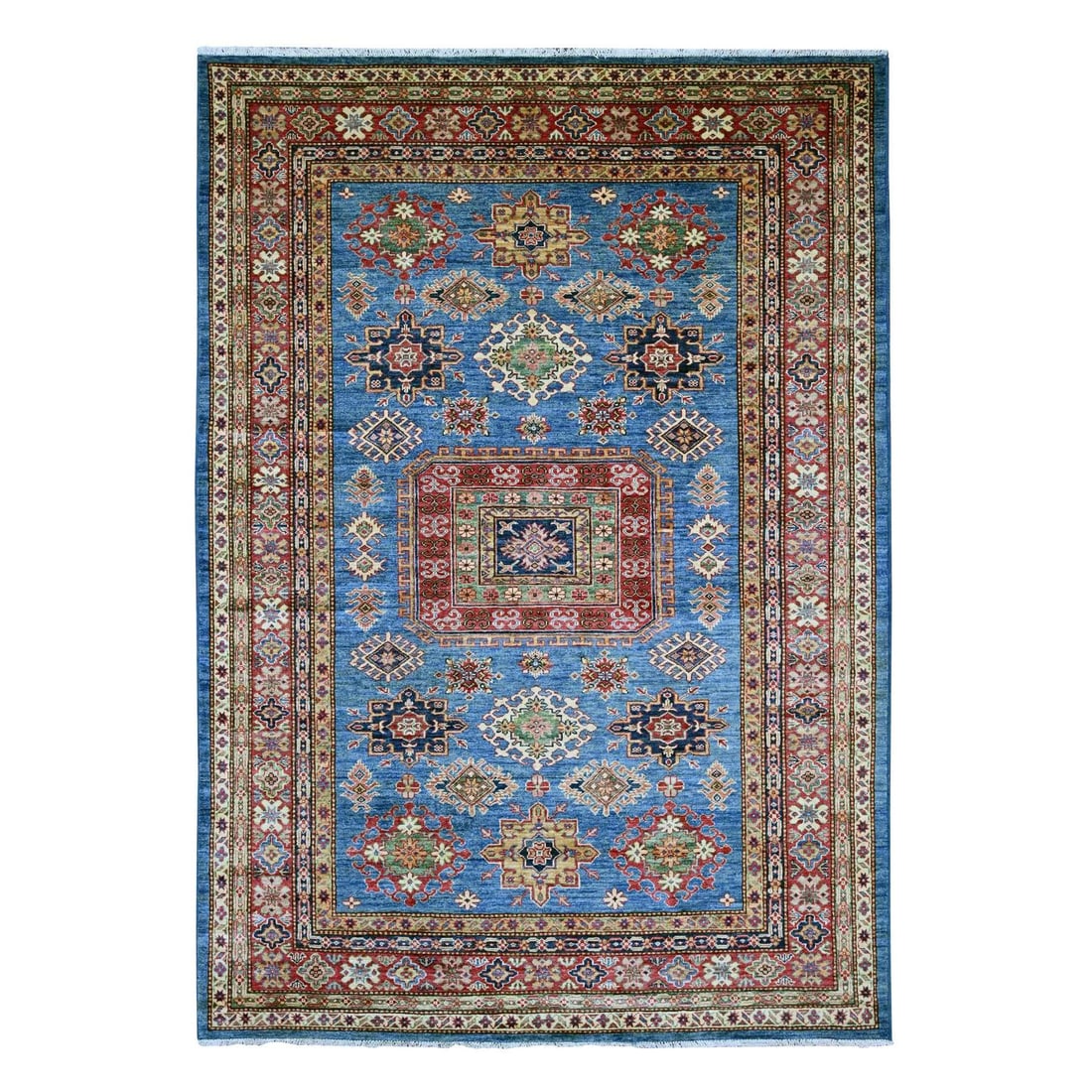 6'2"x8'10" Blue Afghan Super Kazak Medallion Design Hand Knotted Wool Rug: 6'2"x8'10" Blue Afghan Super Kazak Medallion Design Hand Knotted Wool Rug The 6'2"x8'10" Blue Afghan Super Kazak Medallion Design Hand Knotted Wool Rug boasts a stunning medallion pattern in a