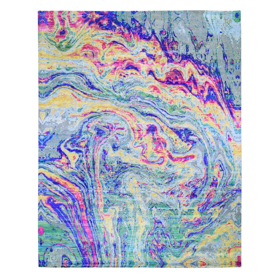 Silk Textured Wool Hand Knotted Oversized Lava Rug 11'7"x14'5: Silk Textured Wool Hand Knotted Oversized Lava Rug 11'7"x14'5 Silk Textured Wool Hand Knotted Oversized Lava Rug 11'7"x14'5 boasts a vibrant yellow color and a unique, hand-knotted design that adds a 