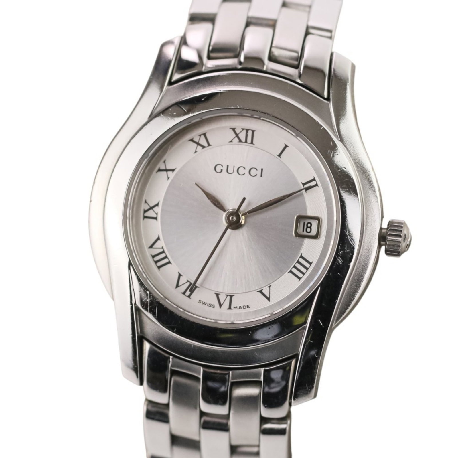 Wristwatch: Wristwatch Stainless steel case and band provide a sleek, modern look. The silver dial and quartz movement ensure reliable timekeeping. With a 27mm case diameter and adjustable band, this Gucci wristw