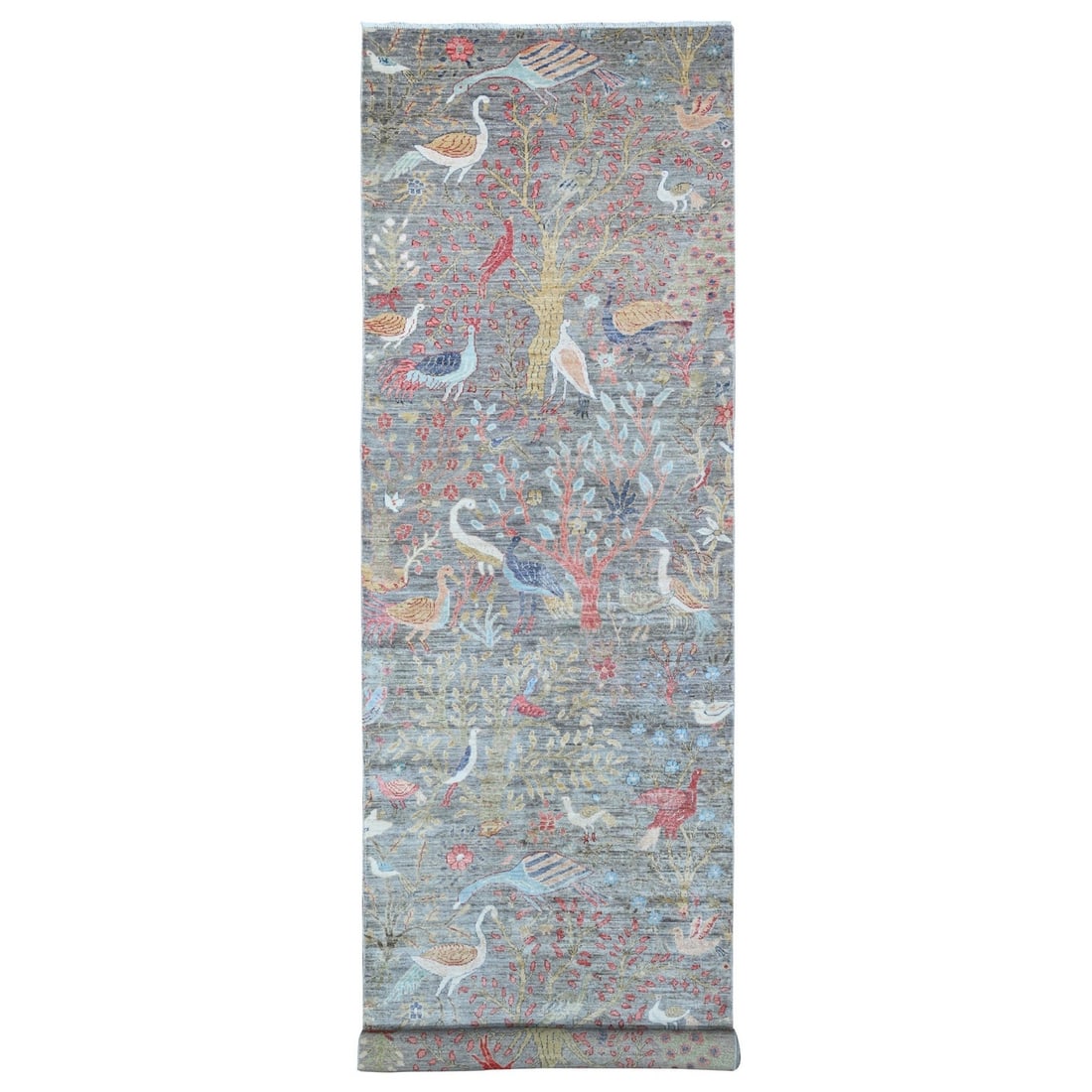 4'x16' Light Gray Hand Knotted Peshawar Birds of Paradise Wide Runner Rug: 4'x16' Light Gray Hand Knotted Peshawar Birds of Paradise Wide Runner Rug Hand-knotted in wool, this 4'x16' Light Gray Birds of Paradise wide runner rug boasts a stunning Oriental design, characterist