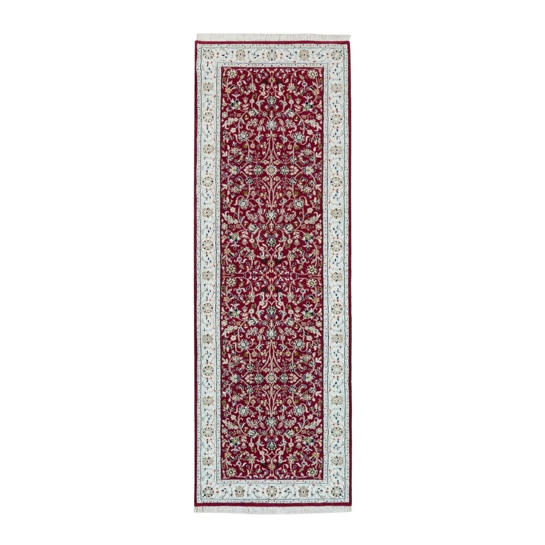 Hand Knotted Nain Design 250 KPSI Organic Wool Runner Red 2'9"x8'2: Hand Knotted Nain Design 250 KPSI Organic Wool Runner Red 2'9"x8'2 Hand-knotted Nain design wool runner in vibrant red, boasting a classic 2'9"x8'2" size and intricate hand-knotted weave. This stunnin
