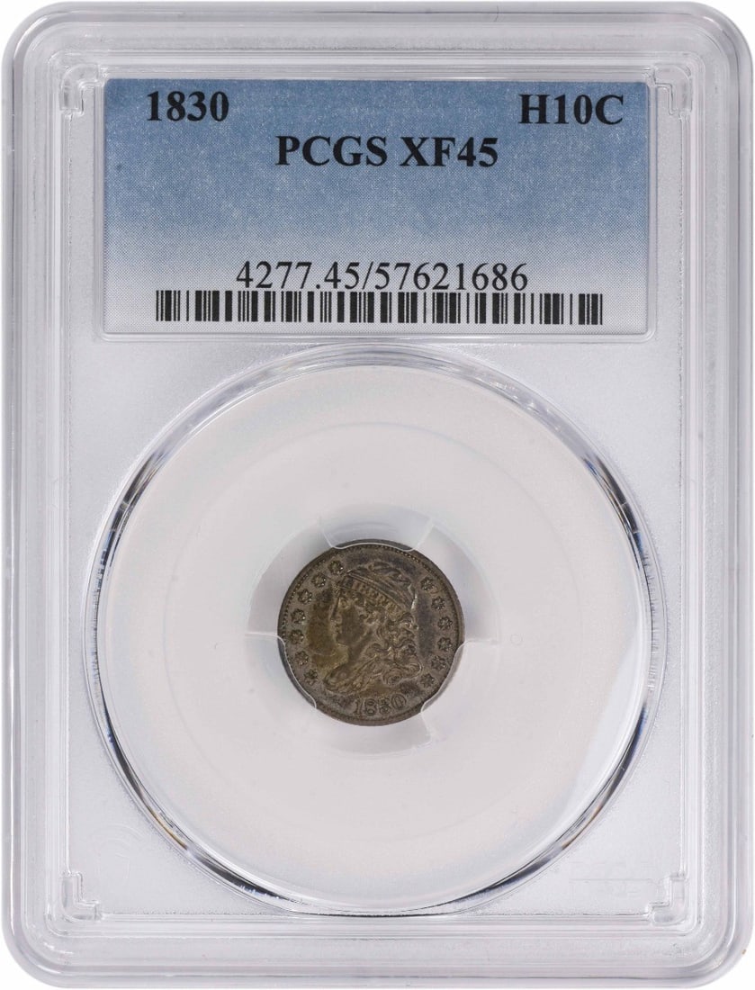 1830 Bust Silver Half Dime EF45 PCGS: 1830 Bust Silver Half Dime EF45 PCGS The 1830 Bust Silver Half Dime EF45 PCGS is a circulated example of this historic coin, certified by the PCGS with a grade of EF45. This coin features a reeded