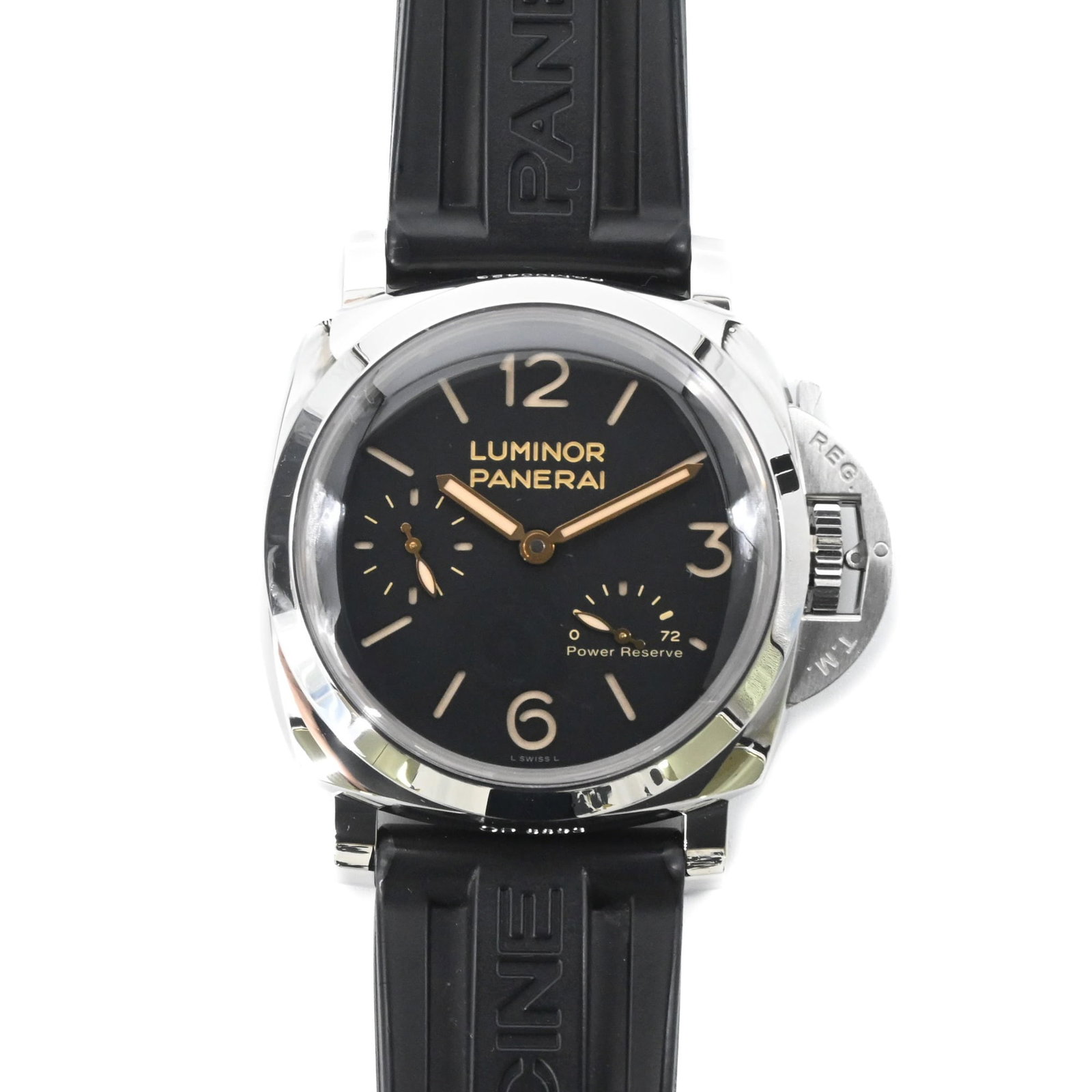 Panerai Wristwatch: Panerai Wristwatch Stainless steel and rubber combine in this 47mm Panerai wristwatch, featuring a manual winding mechanical movement. The brown dial adds a touch of elegance, while the rubber band