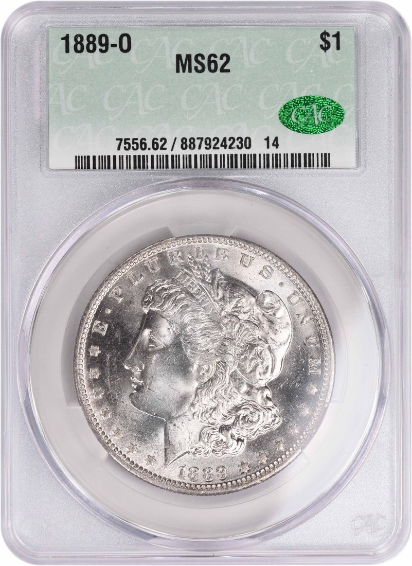 MS62 CACG Morgan Silver Dollar 1889-O: MS62 CACG Morgan Silver Dollar 1889-O The 1889-O Morgan Silver Dollar is a rare and historic coin, featuring the iconic design of George T. Morgan. Made from 90% silver and 10% copper, this coin is a
