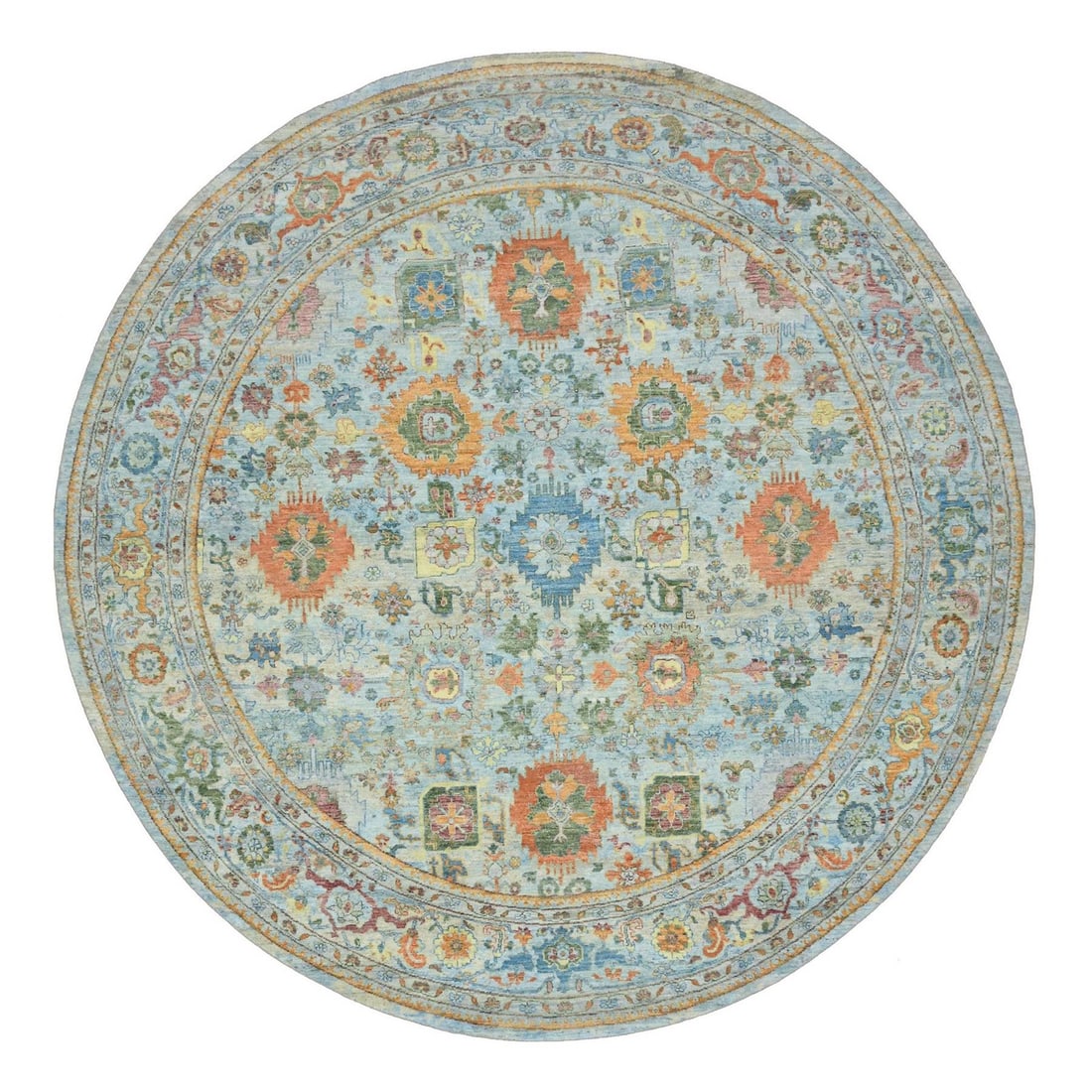 Sultanabad Reimagined 12' Hand Knotted Pure Wool Powder Blue Round: Sultanabad Reimagined 12' Hand Knotted Pure Wool Powder Blue Round Sultanabad Reimagined 12' Hand Knotted Pure Wool Powder Blue Round is a stunning example of traditional Oushak design, boasting an al