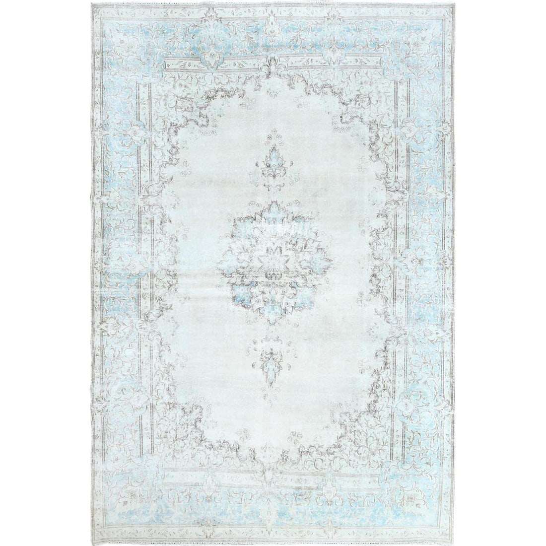 Vintage Farsian Karman Worn Ivory Hand Knotted Rug 9'1"x13'4: Vintage Farsian Karman Worn Ivory Hand Knotted Rug 9'1"x13'4 100% Wool, 9'1"x13'4" Ivory Hand-Knotted Rug, Brought to You from the Past. This vintage Farsian Karman rug boasts a stunning ivory color