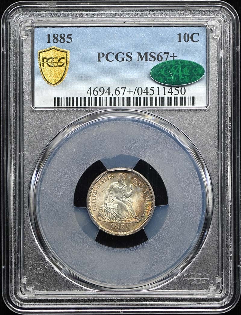 Liberty Seated Dime MS67+ PCGS 1885 10C: Liberty Seated Dime MS67+ PCGS 1885 10C MS67+ PCGS certified 1885 Liberty Seated Dime, graded uncirculated and bearing a CAC seal, showcases exceptional condition with minimal wear, a testament to