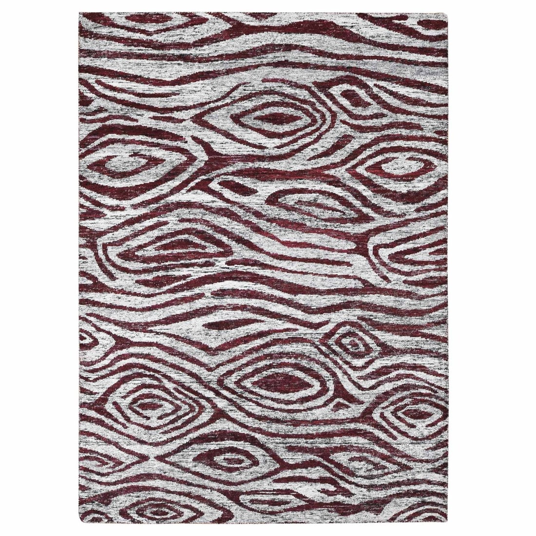 Ivory Silk Man Made Hand Knotted Tree Bark Design Oriental Rug: Ivory Silk Man Made Hand Knotted Tree Bark Design Oriental Rug Hand-knotted in wool, this 9'0" x 11'7" rectangular rug boasts a striking tree bark design in ivory silk, complemented by subtle pops of