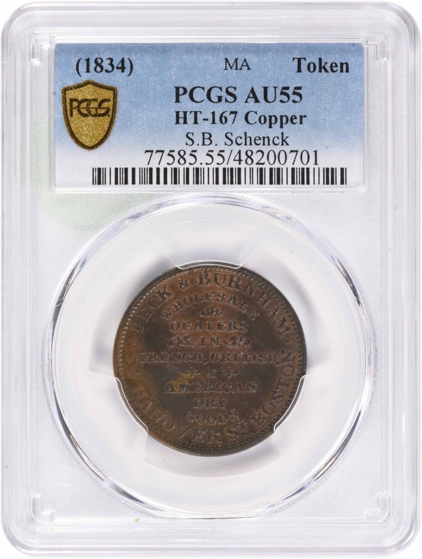 (1834) Hard Times Token S.B. Schenck HT-167 AU55 PCGS: (1834) Hard Times Token S.B. Schenck HT-167 AU55 PCGS Copper Hard Times Token from 1834, graded AU55 by PCGS, bearing a signature. This circulated token is a rare example of early American