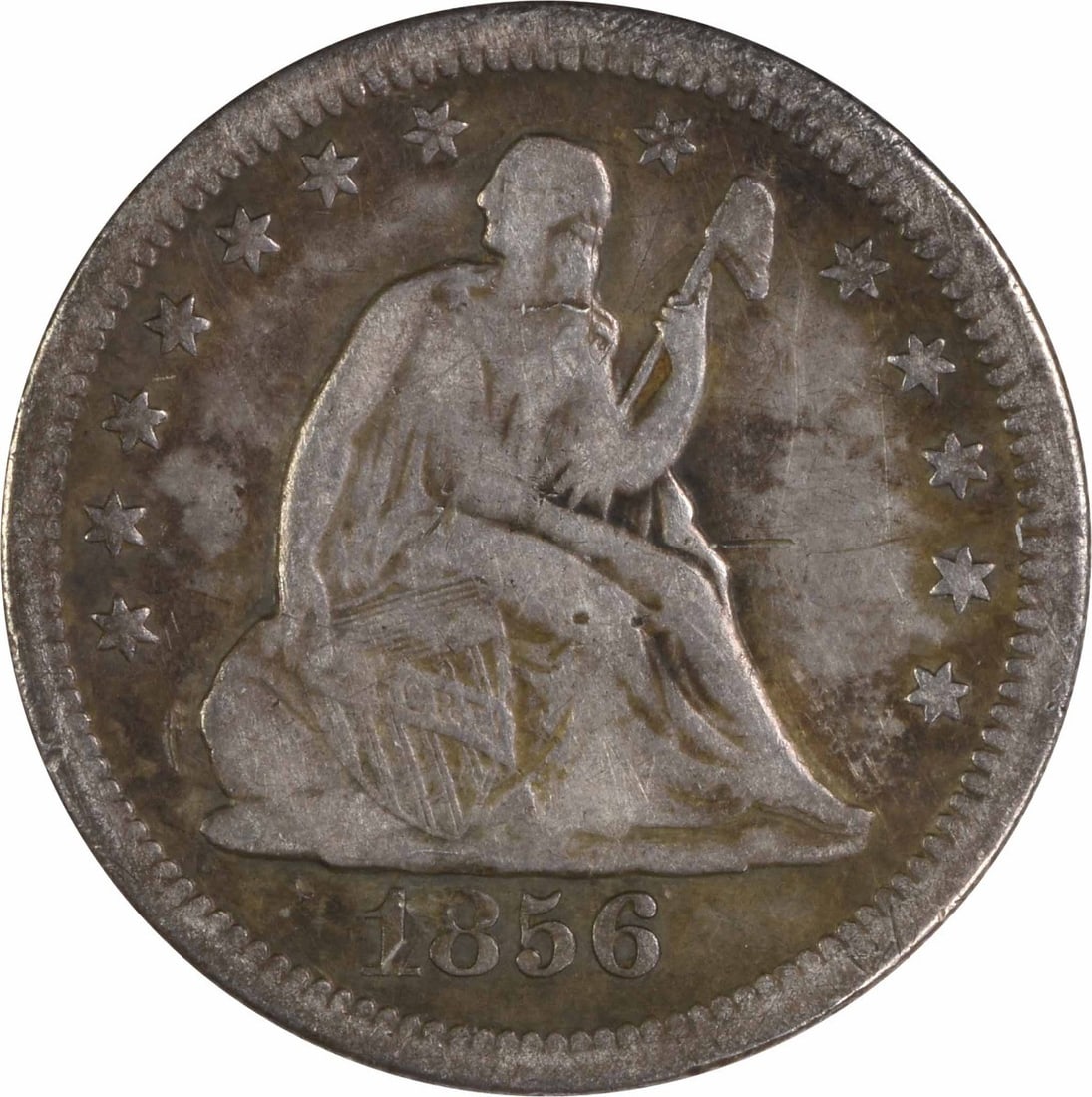 1856-O Liberty Seated Quarter VF Uncertified: 1856-O Liberty Seated Quarter VF Uncertified The 1856-O Liberty Seated Quarter is a circulated example of a rare and historic coin, bearing the signature of its creator. This VF Uncertified coin