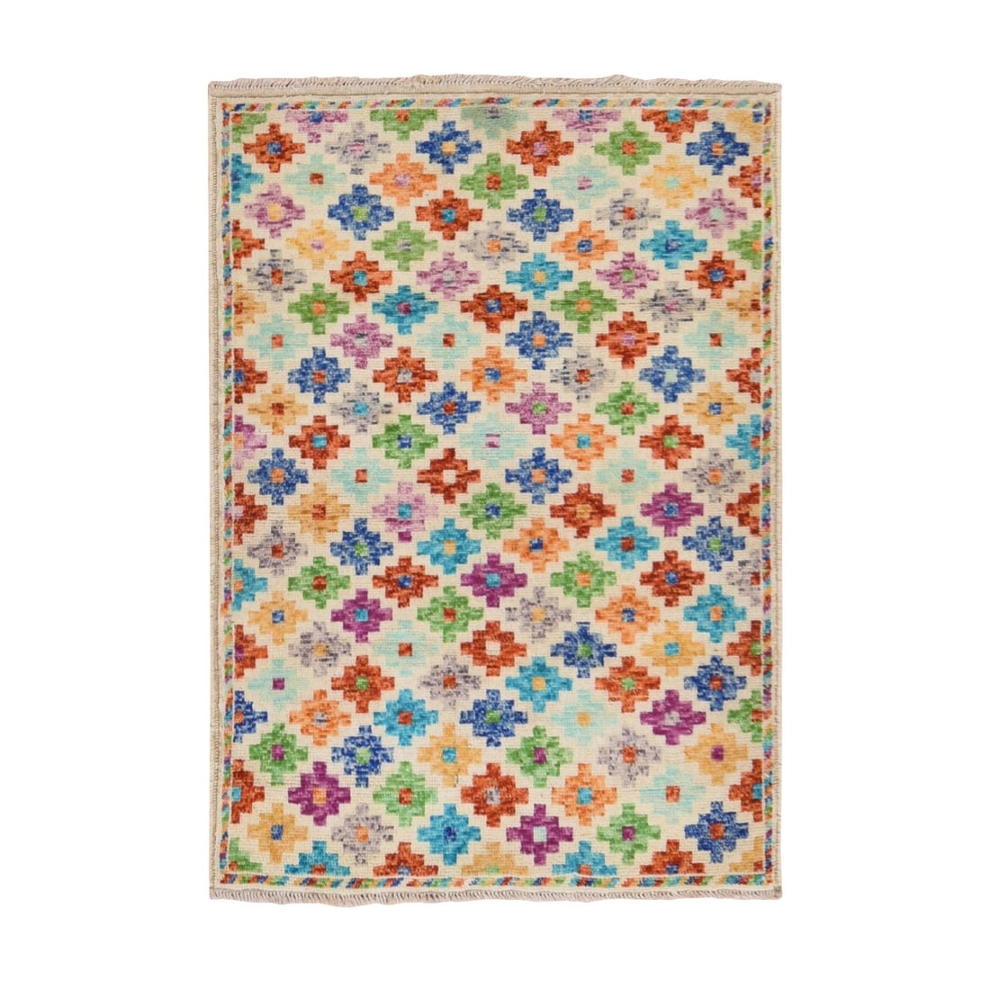 3'6"x4'10" Colorful Afghan Balooch with Geometric Design Hand Knotted Wool: 3'6"x4'10" Colorful Afghan Balooch with Geometric Design Hand Knotted Wool Hand-knotted in vibrant wool, this 3'6"x4'10" Afghan Balooch features a striking geometric design that adds a touch of Orient
