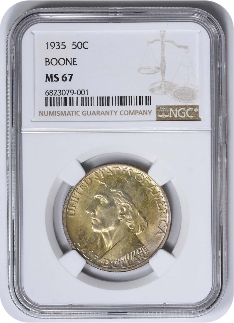 Boone Commemorative Half MS67 NGC: Boone Commemorative Half MS67 NGC The Boone Commemorative Half MS67 NGC is a highly graded 1935 half dollar coin, certified by the Numismatic Guaranty Corporation (NGC) as uncirculated and graded MS67