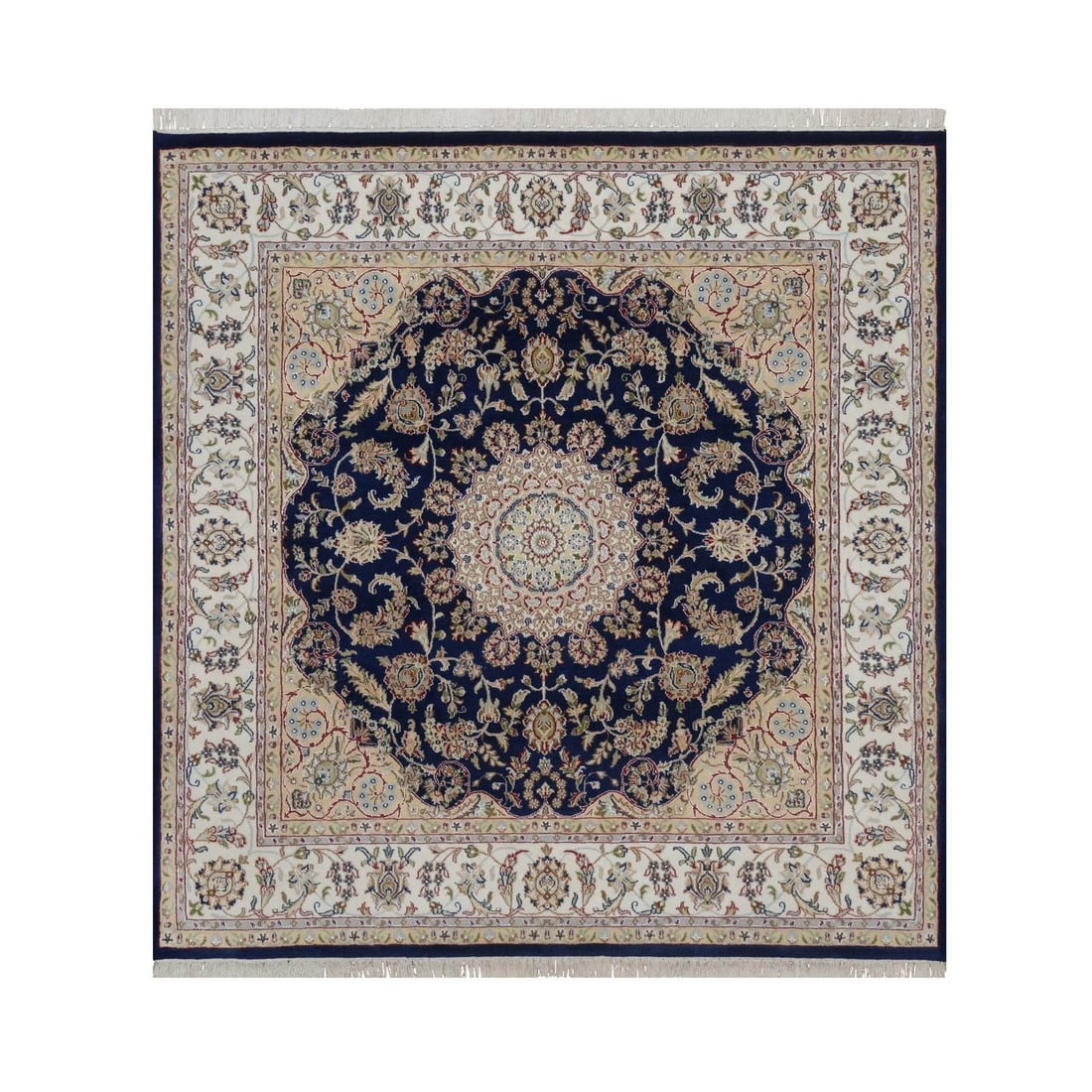Soft Wool Silk Midnight Blue 6'8"x6'8" Nain Hand Knotted Rug: Soft Wool Silk Midnight Blue 6'8"x6'8" Nain Hand Knotted Rug Soft and luxurious, this 6'8"x6'8" Nain hand-knotted rug boasts a stunning midnight blue color and intricate medallion pattern. Made from a