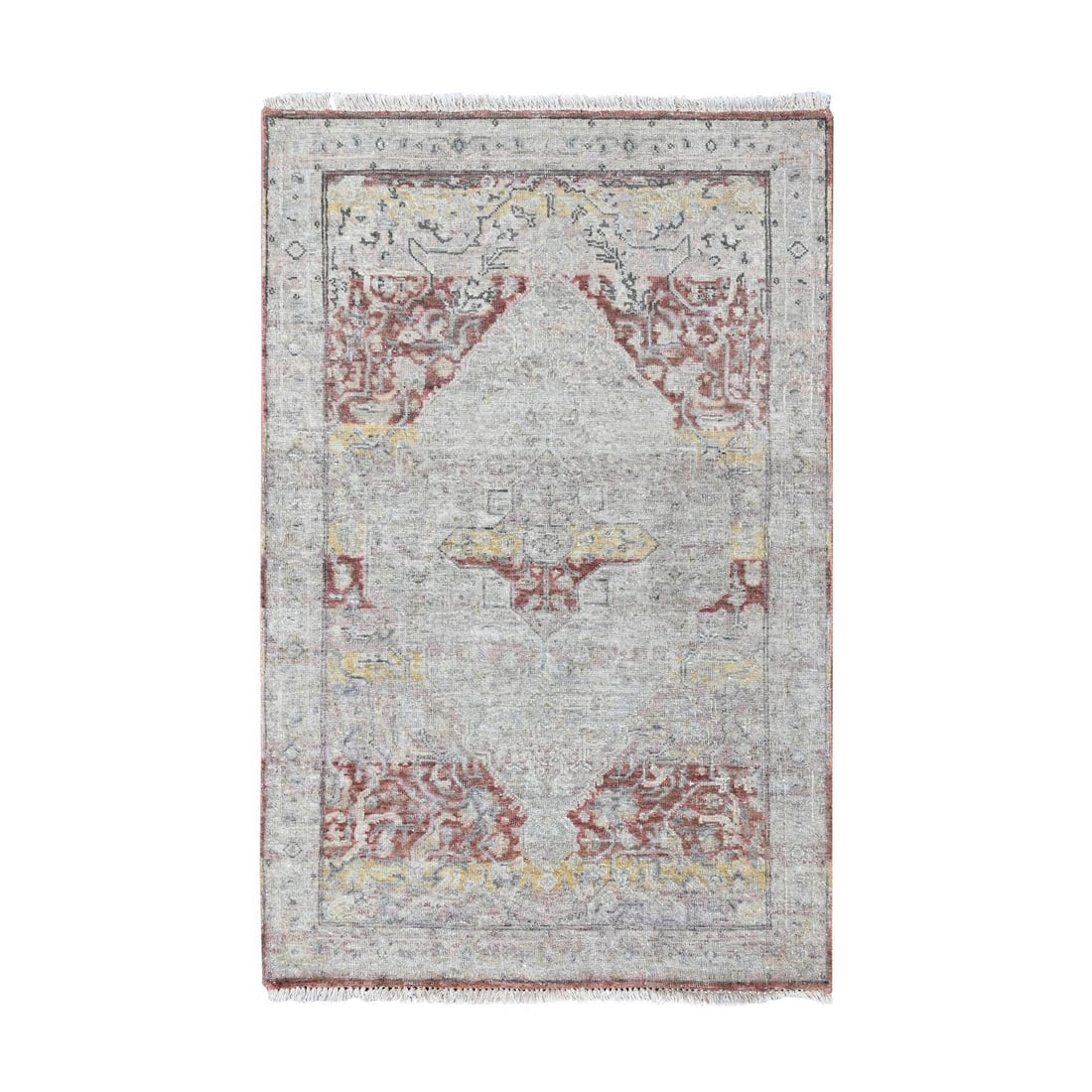 Hand Knotted Rug 3'x4'10" Ivory Medallion Design Wool Ziegler Mahal: Hand Knotted Rug 3'x4'10" Ivory Medallion Design Wool Ziegler Mahal Oushak-style rug with intricate ivory medallion design, hand-knotted in wool, adds a touch of elegance to any indoor space. Measurin