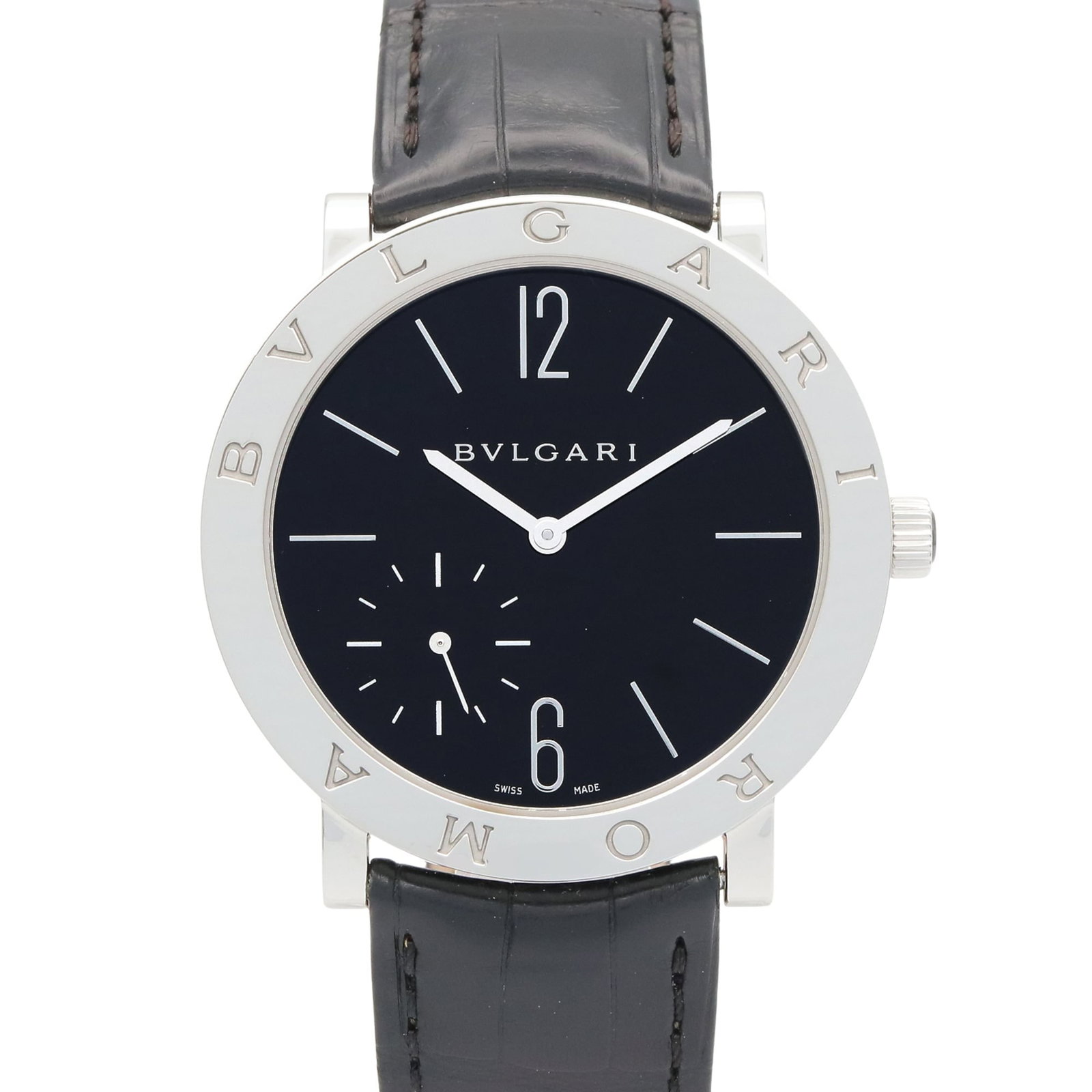 Bvlgari Wristwatch: Bvlgari Wristwatch Stainless steel case and leather band make this Bvlgari wristwatch a stylish and durable accessory. The black dial and manual winding mechanical movement add a touch of