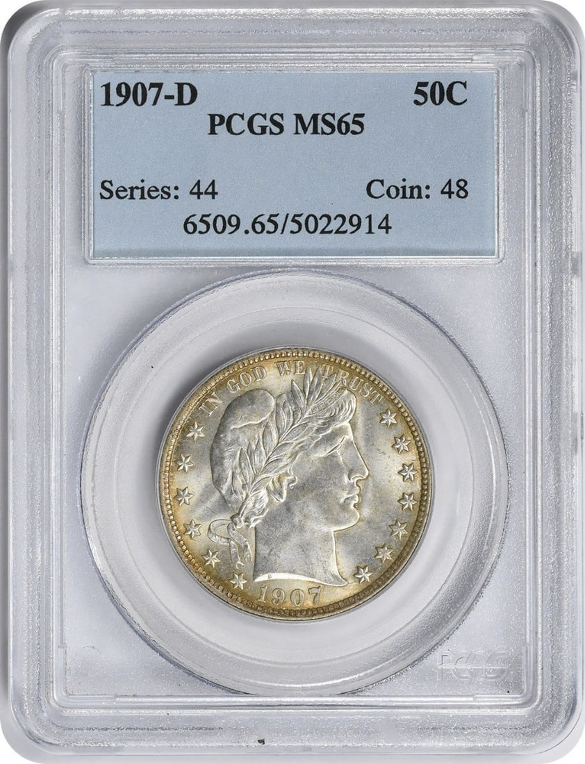 Silver Half Dollar MS65 PCGS 1907-D Barber: Silver Half Dollar MS65 PCGS 1907-D Barber The 1907-D Barber Half Dollar is a stunning example of early American coinage, featuring the iconic Barber design by Charles E. Barber. With a PCGS MS65 grad