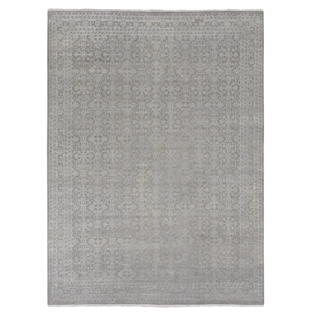 8'10"x12' Gray Silk with Textured Wool Tone on Tone Hand Knotted Rug: 8'10"x12' Gray Silk with Textured Wool Tone on Tone Hand Knotted Rug The 8'10"x12' Gray Silk with Textured Wool Tone on Tone Hand Knotted Rug is a stunning example of Oriental design, boasting a