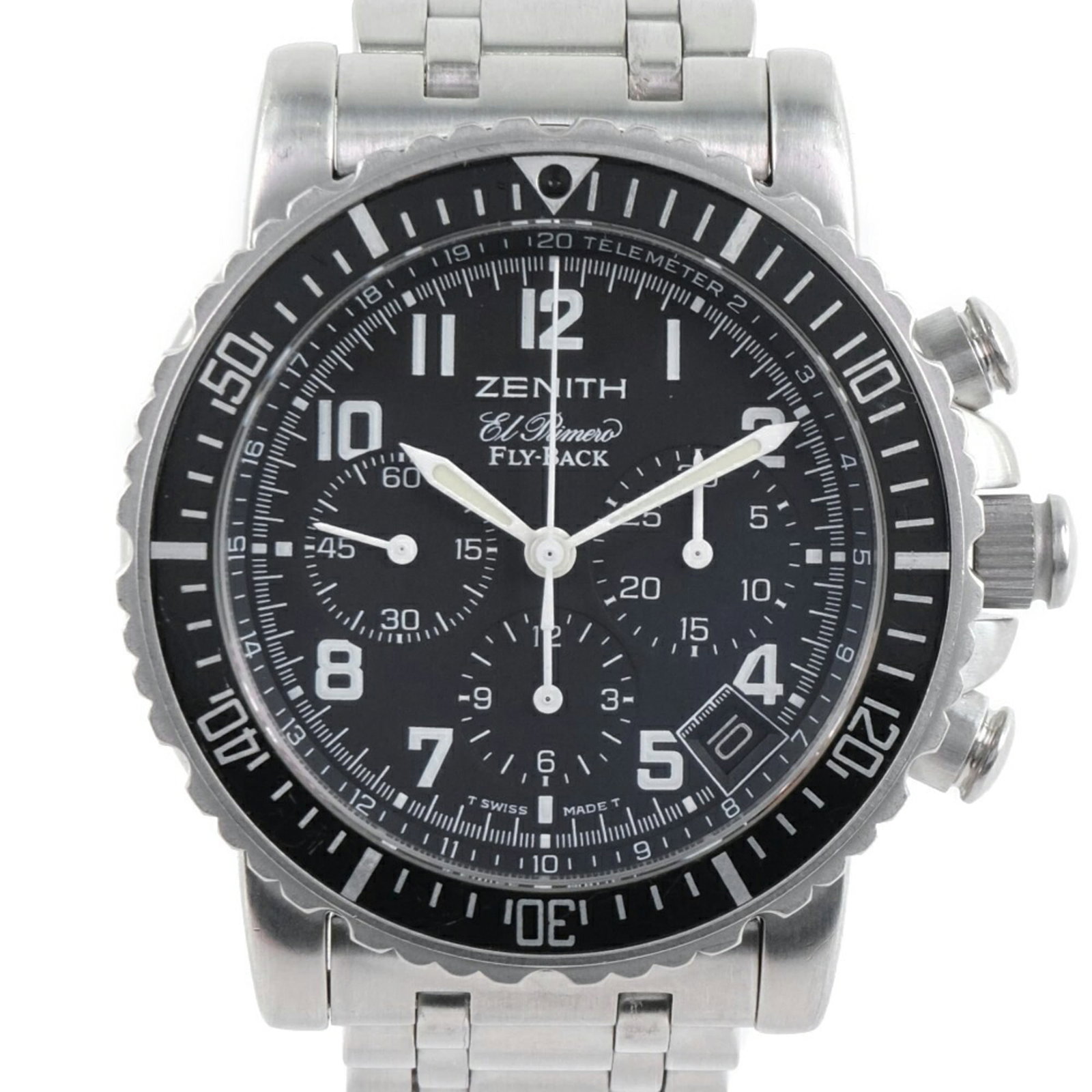 Wristwatch Zenith: Wristwatch Zenith Stainless steel case and band, a sleek and modern design, complements the black dial of this Zenith wristwatch. Powered by a self-winding automatic movement, this chronograph