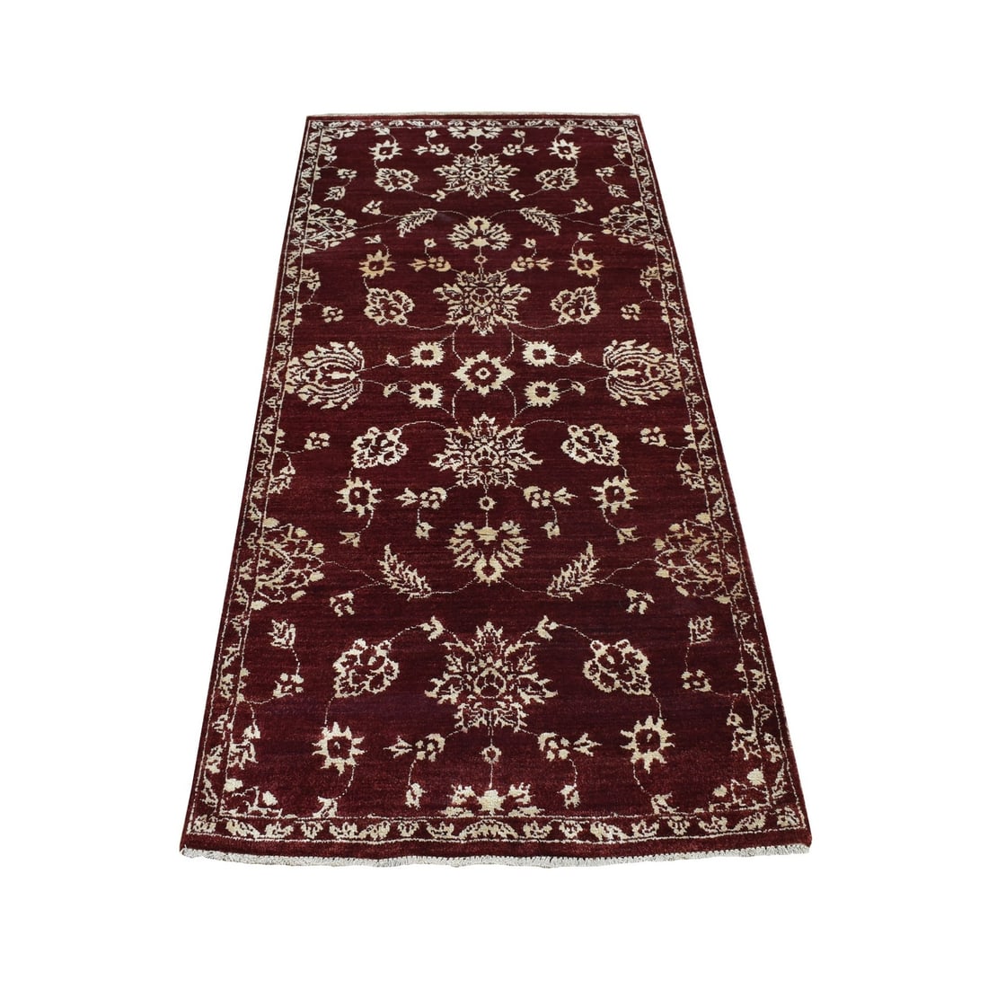 2'8"x6' Red Pure Wool Abarasque Design Hand Knotted Runner Rug: 2'8"x6' Red Pure Wool Abarasque Design Hand Knotted Runner Rug The 2'8"x6' Red Pure Wool Abarasque Design Hand Knotted Runner Rug is a stunning piece of craftsmanship, boasting a vibrant red color