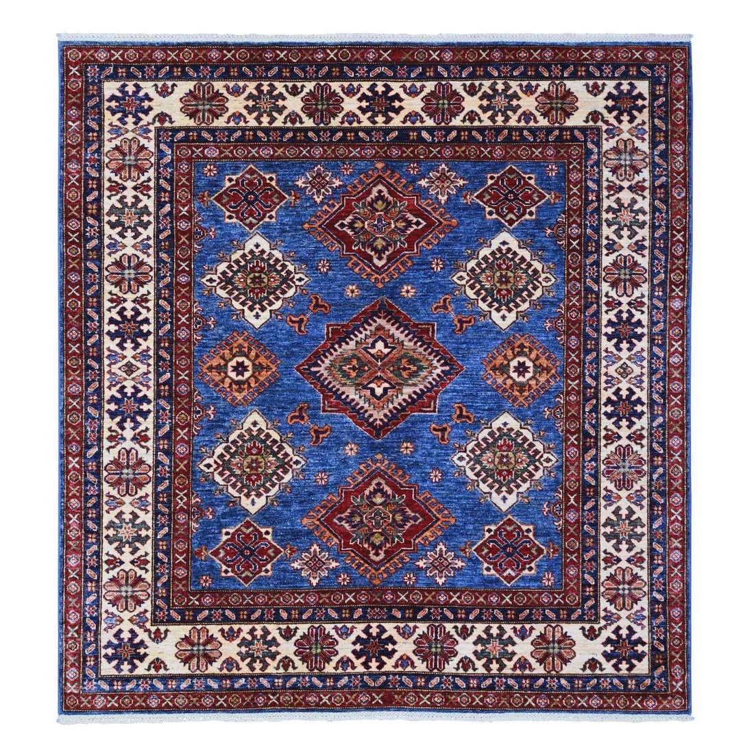 6'x6' Berry Blue Hand Knotted Super Kazak Medallions Wool Oriental Rug: 6'x6' Berry Blue Hand Knotted Super Kazak Medallions Wool Oriental Rug The 6'x6' Berry Blue Hand Knotted Super Kazak Medallions Wool Oriental Rug boasts a stunning blue field with intricate regional