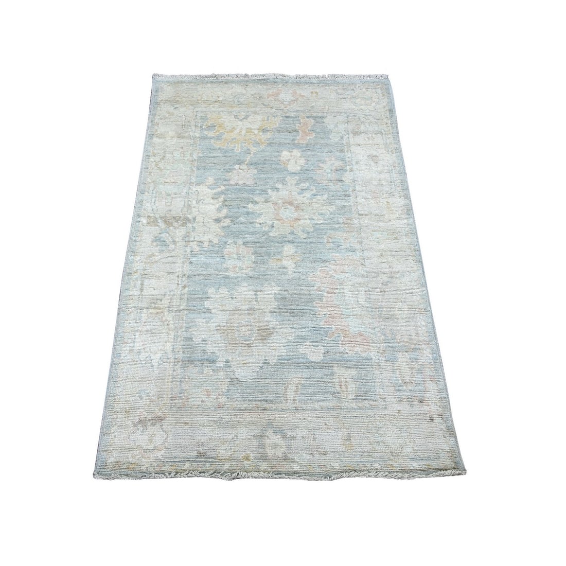 Blue Beau 3 2 Oushak Angora Leaf Design Hand Knotted Wool Rug: Blue Beau 3 2 Oushak Angora Leaf Design Hand Knotted Wool Rug The Blue Beau 3 2 Oushak Angora Leaf Design Hand Knotted Wool Rug is a stunning example of traditional Afghan craftsmanship, featuring a