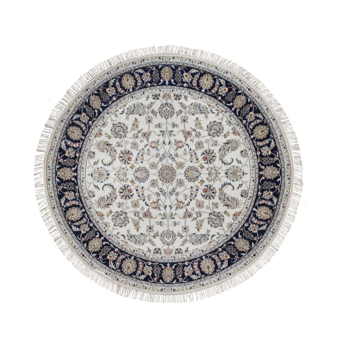 6'2"x6'2" Ivory Nain Flower Design Wool and Silk Hand Knotted Round Rug: 6'2"x6'2" Ivory Nain Flower Design Wool and Silk Hand Knotted Round Rug This stunning 6'2"x6'2" Ivory Nain Flower Design Wool and Silk Hand Knotted Round Rug boasts an all-over regional design,