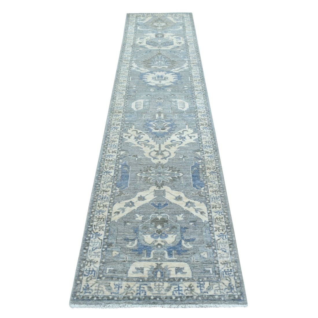 2'5"x11'7" Hand Knotted Gray Afghan Peshawar Wool Runner Rug: 2'5"x11'7" Hand Knotted Gray Afghan Peshawar Wool Runner Rug Hand-knotted in traditional Afghan style, this stunning 2'5"x11'7" gray wool runner rug boasts a rich, timeless design. Made from