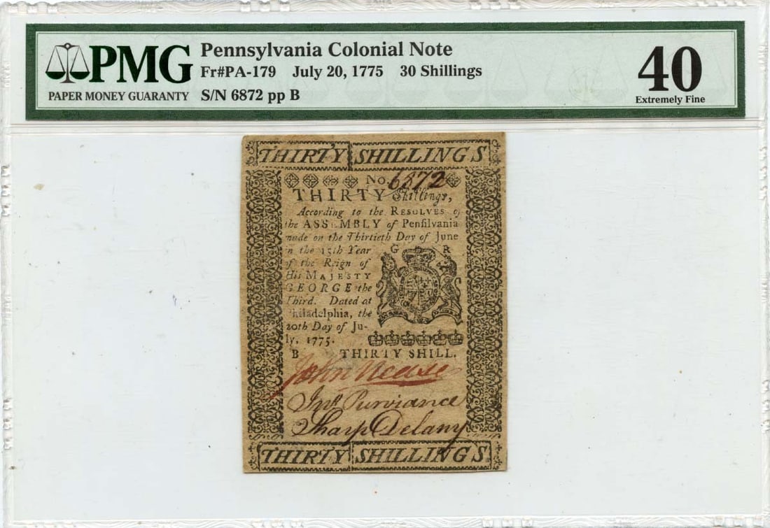 1775 July 20, 30 Shillings Pennsylvania Colonial Note FR#PA-179 PMG XF40: 1775 July 20, 30 Shillings Pennsylvania Colonial Note FR#PA-179 PMG XF40 This 1775 July 20, 30 Shillings Pennsylvania Colonial Note is a rare example of circulated currency from the American