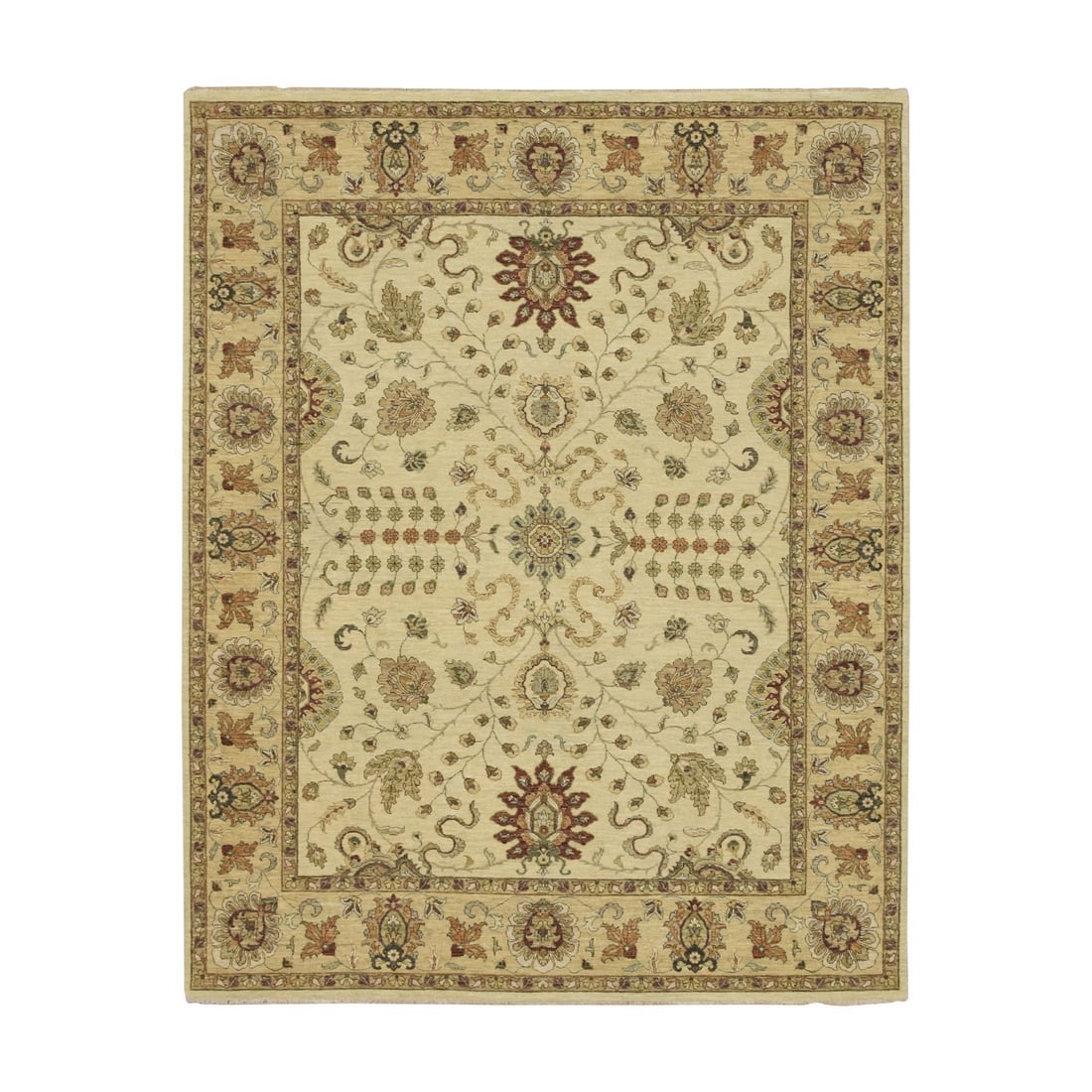 7'3"x9'1" Ivory Hand Knotted Agra Ziegler Design Leaf Pattern Wool Rug: 7'3"x9'1" Ivory Hand Knotted Agra Ziegler Design Leaf Pattern Wool Rug The Agra Ziegler Design Leaf Pattern Wool Rug boasts a stunning ivory color and intricate floral pattern, crafted from 100% wool