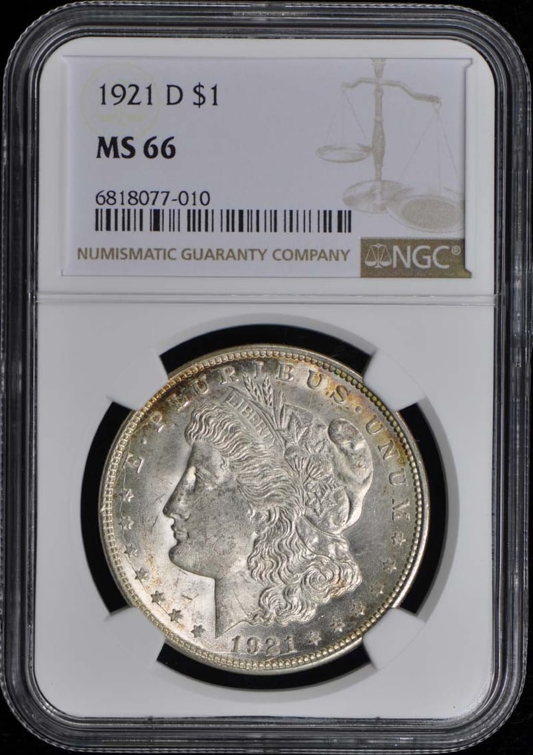 1921-D Morgan Dollar S$1 NGC MS66: 1921-D Morgan Dollar S$1 NGC MS66 The 1921-D Morgan Dollar S$1 is a highly detailed and intricately designed coin, minted in Denver in 1921. This NGC-certified MS66 coin boasts exceptional condition,