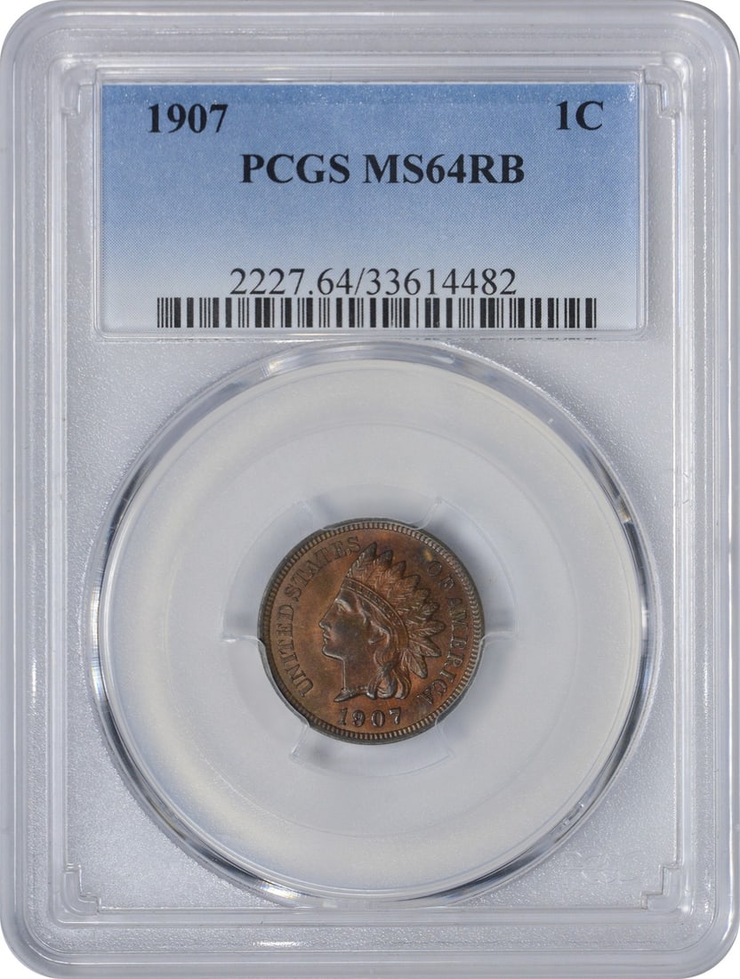 Indian Cent MS64RB PCGS: Indian Cent MS64RB PCGS The 1907 Indian Cent MS64RB PCGS is a highly graded, uncirculated coin with a rich history. Certified by the Professional Coin Grading Service (PCGS) as MS64, this coin boasts