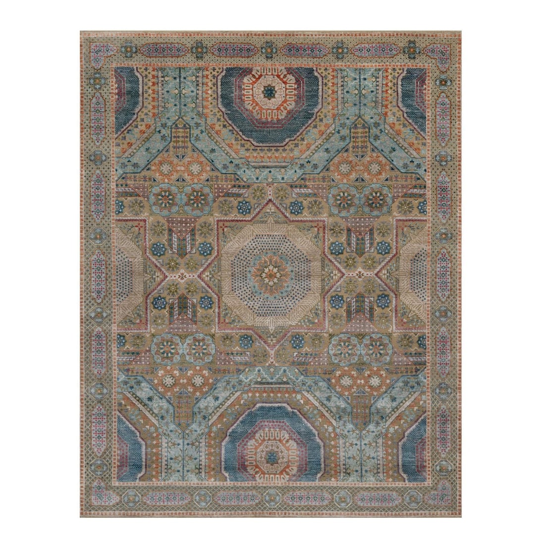 8'x10'2" Lark Brown Rug Textured Wool and Silk Mamluk Design Hand Knotted: 8'x10'2" Lark Brown Rug Textured Wool and Silk Mamluk Design Hand Knotted The Mamluk design rug boasts a rich, textured look with its wool and silk blend, creating a unique and visually striking