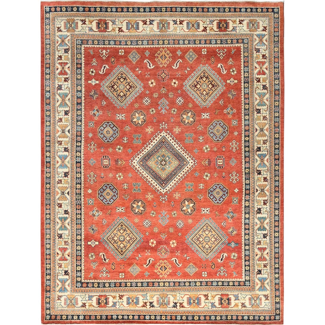 Crimson Red Special Hand Knotted Kazak Wool Oriental Rug: Crimson Red Special Hand Knotted Kazak Wool Oriental Rug This stunning Crimson Red Special Hand Knotted Kazak Wool Oriental Rug boasts a rich, vibrant red color and intricate regional design, characte