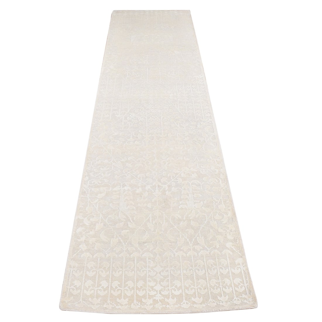 2'6"x11'8" Ivory Hand Knotted Tone on Tone Silk with Wool Runner Rug: 2'6"x11'8" Ivory Hand Knotted Tone on Tone Silk with Wool Runner Rug Hand-knotted with intricate wool and silk, this 2'6"x11'8" ivory tone on tone silk with wool runner rug boasts a timeless Oriental