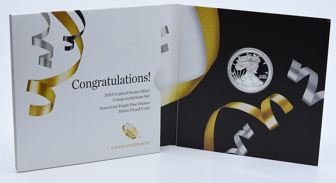 2019 United States Mint Congratulations Set $1 American Proof Silver Eagle: 2019 United States Mint Congratulations Set $1 American Proof Silver Eagle The 2019 United States Mint Congratulations Set $1 American Proof Silver Eagle is a stunning proof coin featuring the iconic 